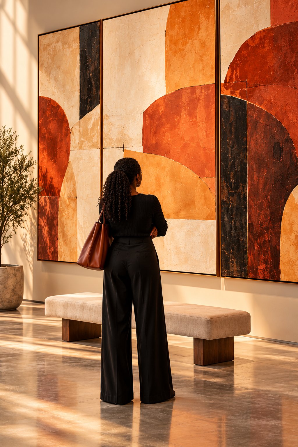 Faith standing in a sunlit gallery, looking at large warm abstract paintings
