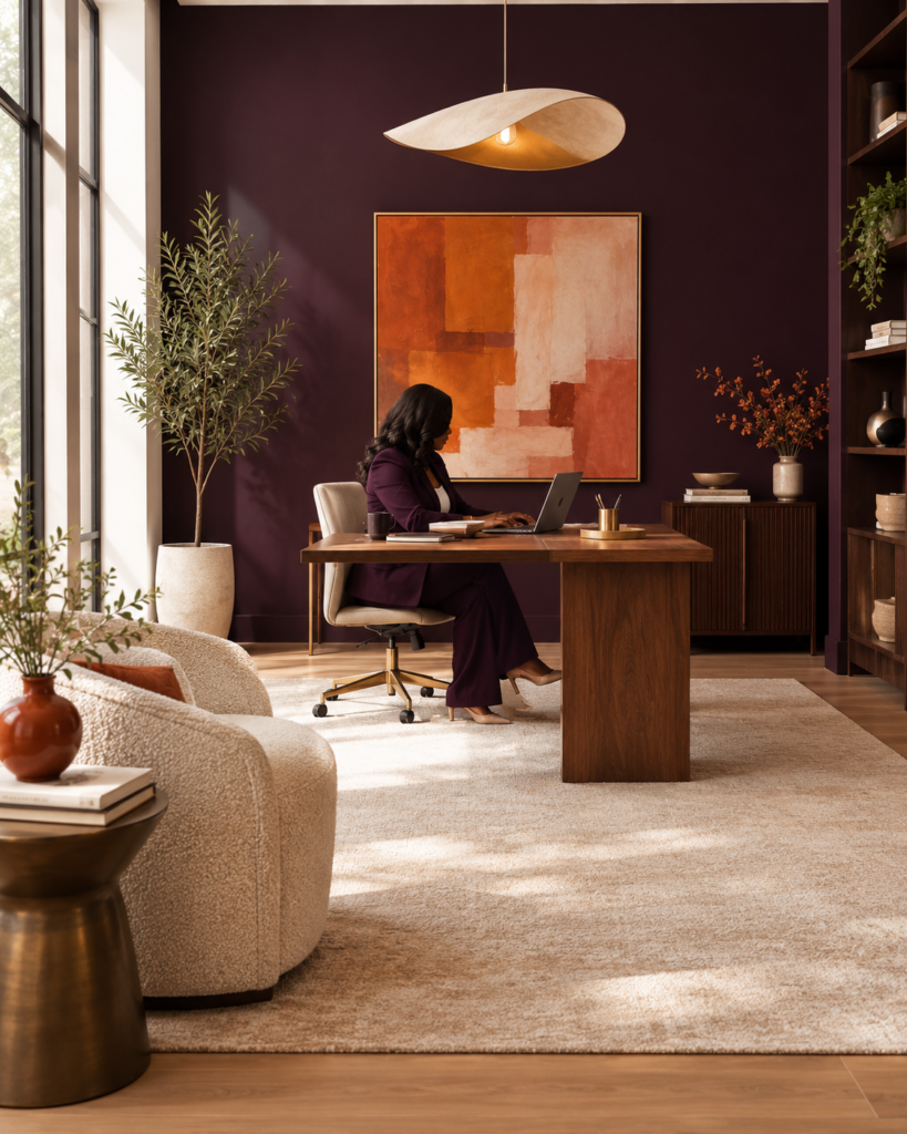 Businesswoman in an aubergine suit smiling at her desk